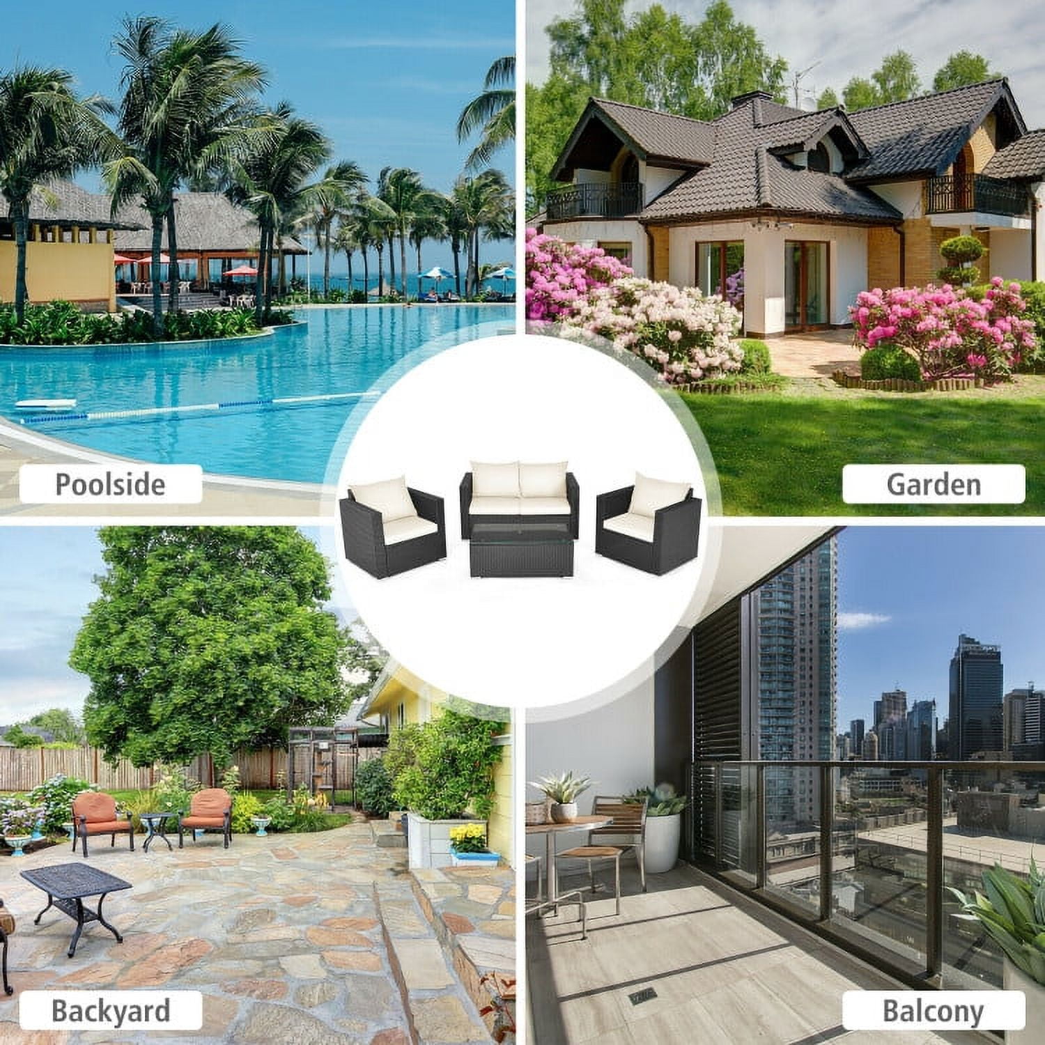 Aimee Lii 4 Pieces Patio Rattan Conversation Set, Small Patio Set with Padded Cushion and Tempered Glass Coffee Table, White Aimee Lii 4 Pieces Patio Rattan Conversation Set, Small Patio Set with Padded Cushion and Tempered Glass Coffee Table, White