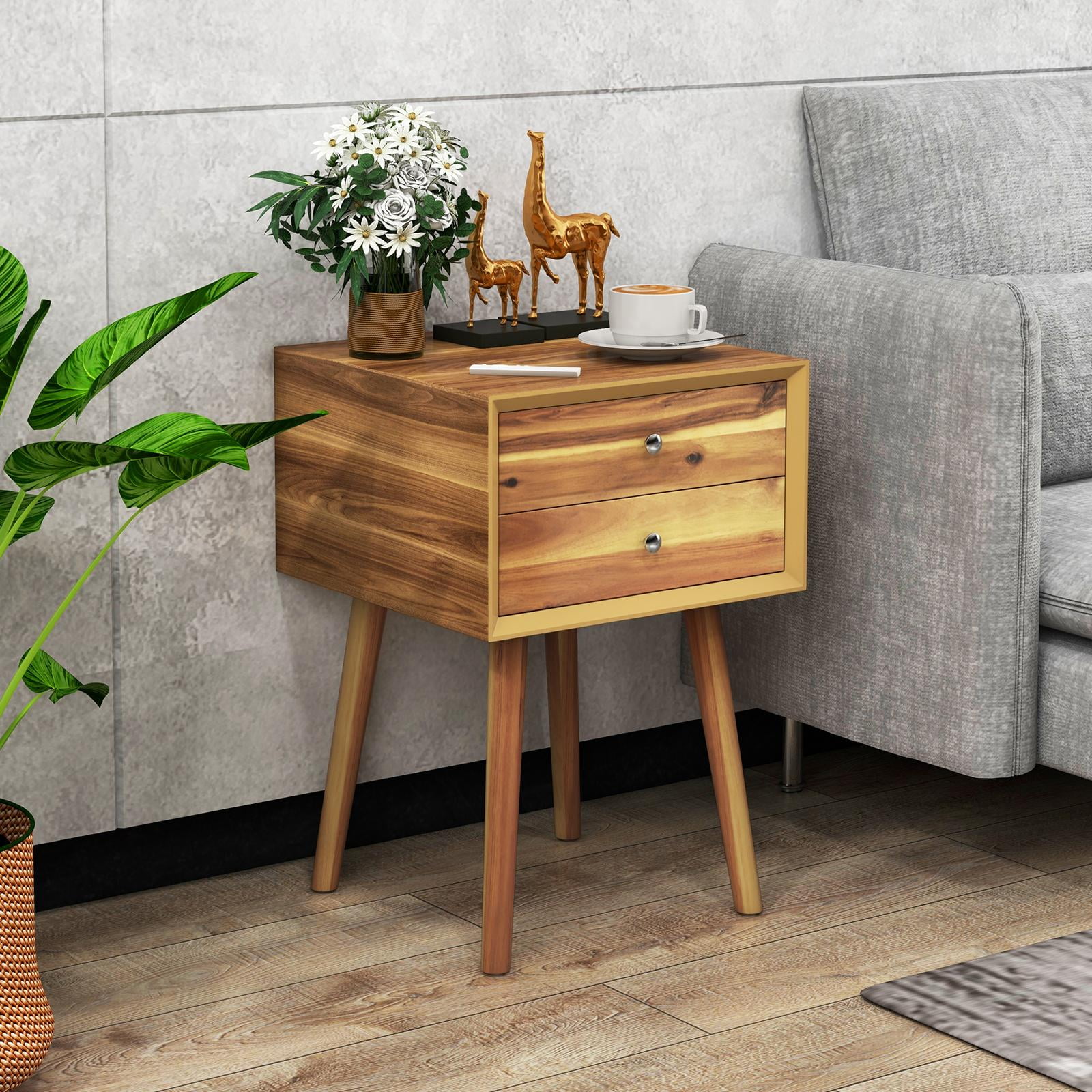 Giantex End Side Table Nightstand with Storage Drawer and Shelf, Wood Nightstand with 2-Drawers, Living Room Bedroom Furniture
