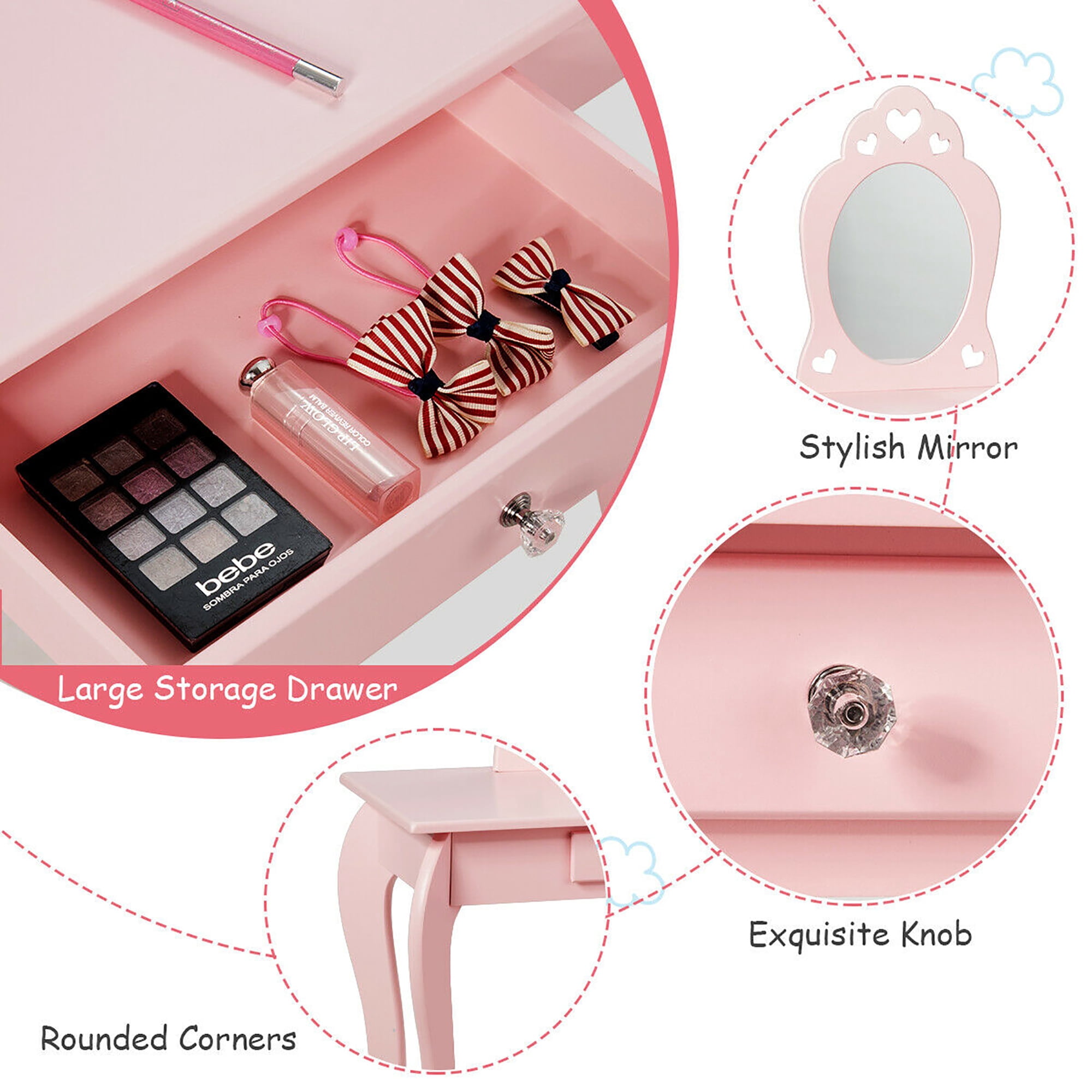 Costway Kids Vanity Set Princess Makeup Dressing Play Table Set W/Mirror  Pink