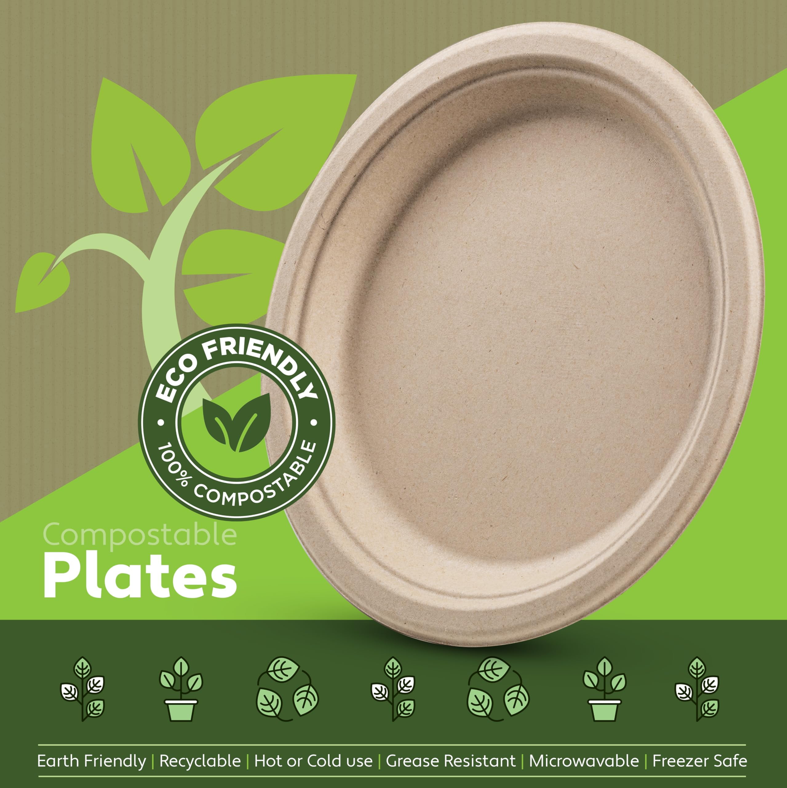 100% Compostable Paper Plates Heavy Duty AFN1- 100 Disposable Plates - 9” Brown Disposable Dinner Plates Made of Eco-Friendly, Natural Unbleached Sugarcane Bagasse, Microwavable Plates