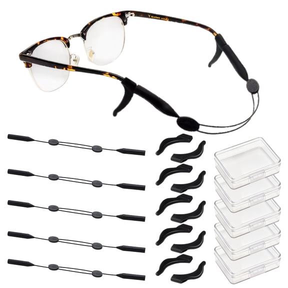 5 Pack Adjustable Elastic Eyeglass Retainer Strap Set, Silicone Anti-Slip Glasses Ear Hooks & Sports Eyewear Lanyard with Storage Case for Running Cycling Outdoor