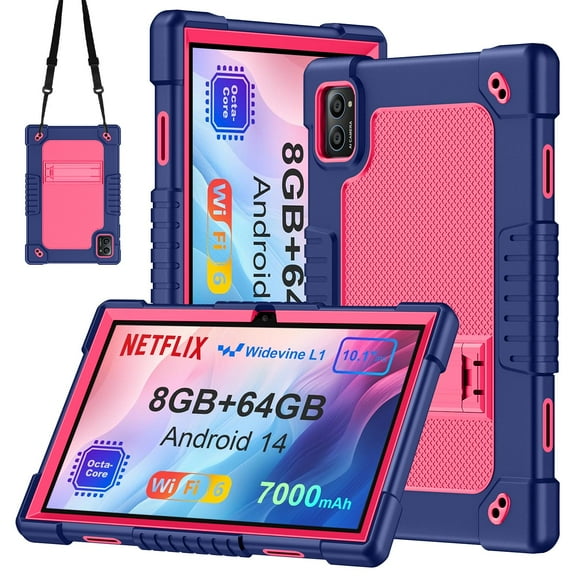 JBuwsdan Case for TabneraX 10.1 Inch Tablet,Shockproof Kids Friendly Protective Cover Built-in Kickstand with Shoulder Strap Case for TabneraX UTbook 10.1 Inch/AWOW UTBook_14 10.1" Tablet(Navy/Pink)