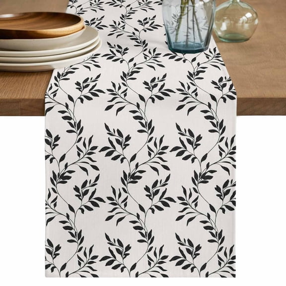Black Leaves Table Runner, Vintage Leaf Botanical Minimalist Art Washable Cotton Linen Table Runners 48 Inches Long, Dresser Scarf Runner for Nightstand/Coffee/End Tables 13''x48''