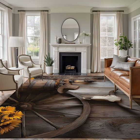 Large Area Rugs for Living Room Bedroom, Vintage Western 6'x9' Rug Washable Carpet Runner Indoor Outdoor, Countryside Sunflowers Wooden Retro Non Slip Floor Mats Rug for Kitchen, Playroom