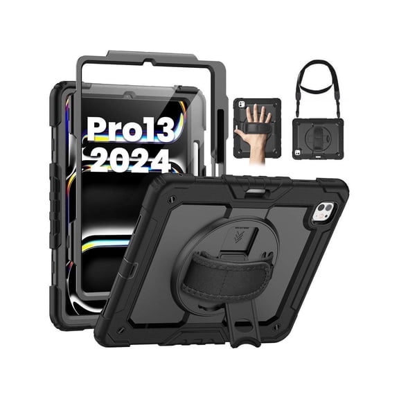 Case for iPad Pro 13 Inch M5 2025 M4 2024 with Built-in Screen Protector, 360° Rotating Stand, Adjustable Shoulder Strap, Pencil Holder