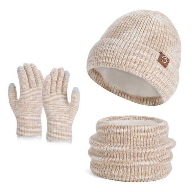 Beige Beige Womens Winter Knit Hat Scarf Gloves Set Three Piece Acrylic Material Cold Weather Protection For Outdoor Sports