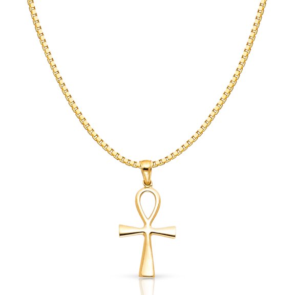 14K Yellow Gold Egyptian Ankh Religious Cross Charm Pendant with 1.2mm Box Chain Necklace