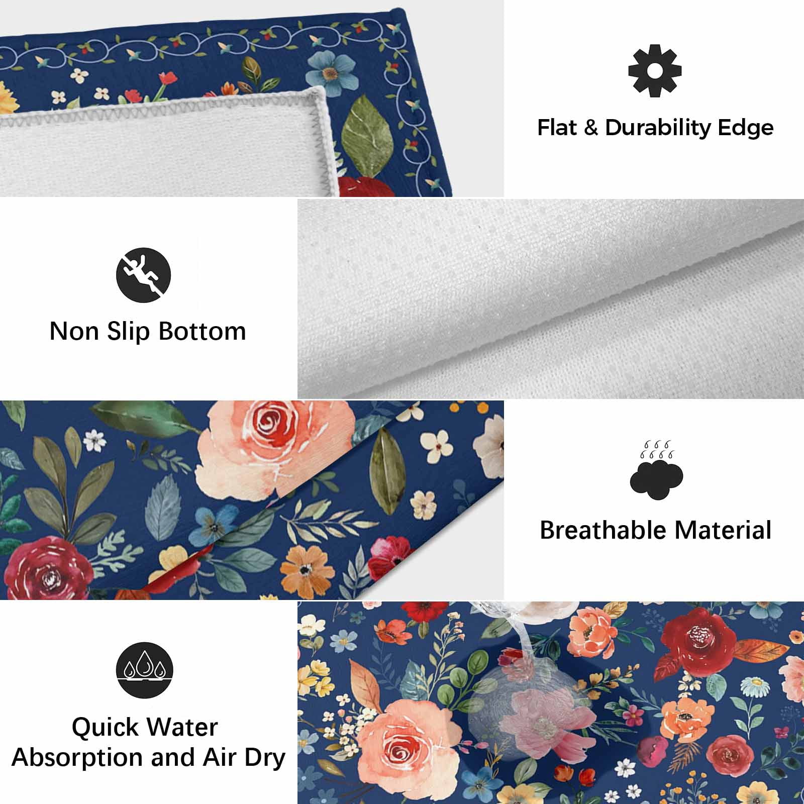 Navy Blue Flowers Outdoor Rug 5x7 Ft, Non Slip Washable Area Rug, Spring Vintage Floral Leaves Farmhouse Patio Rugs Carpet Runner, Large Floor Mat for Indoor/Outdoor Deck Porch Camping