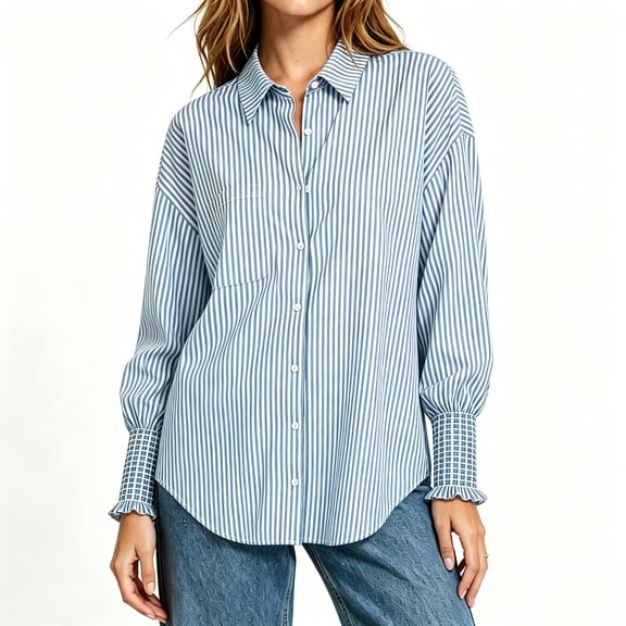 Women's Long Sleeve Button Down Shirts, Women's Striped Dressy Shirt with Ruffled Cuffs, Women's Blue,Size S-3XL