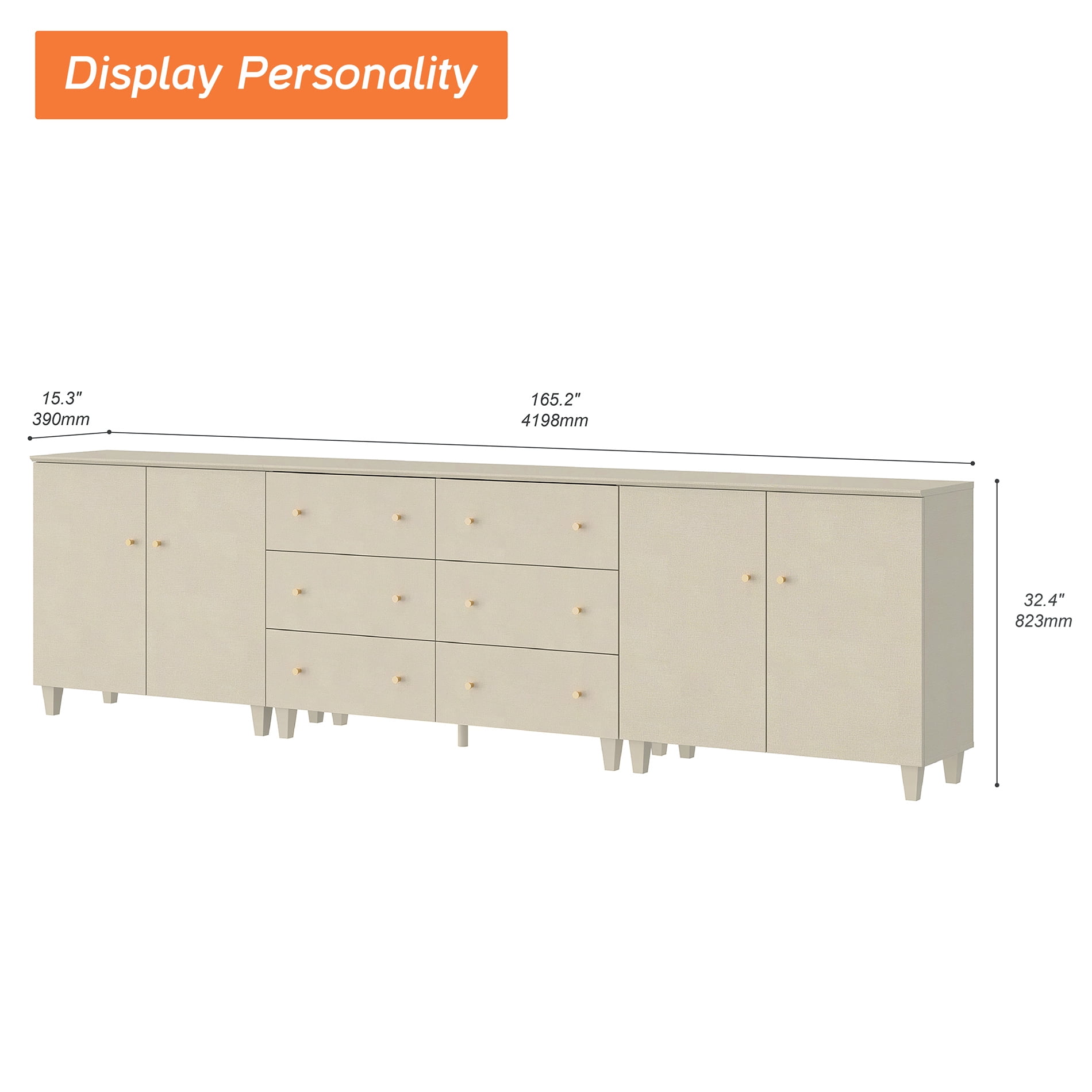 WAMPAT 3-In-1 Beige Wood Storage Cabinets with 6 Drawers and 4 Doors for Bedroom Living Room, 2 Pack