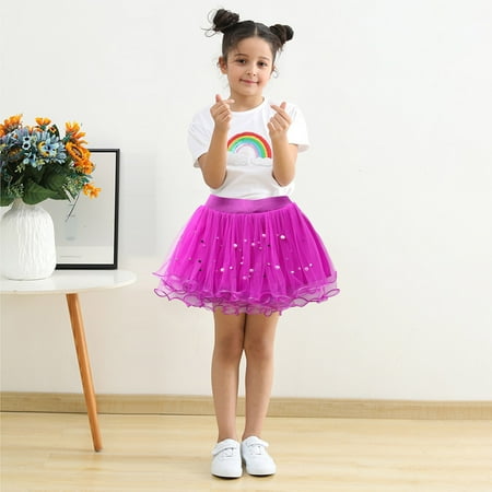 

cllios Toddler Girls Cute Party Dance Costume Splice Solid Color Net Yarn Crimping Pearl Sequins Tulle Skirt