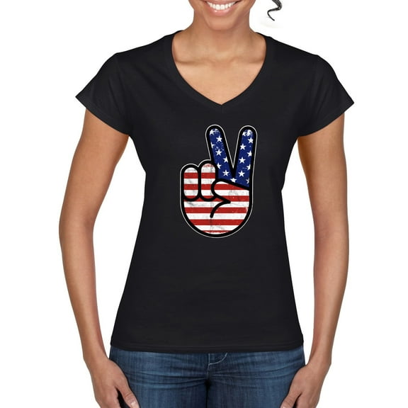 Wild Bobby USA Flag Peace Sign Hand Women Standard V-Neck Tee