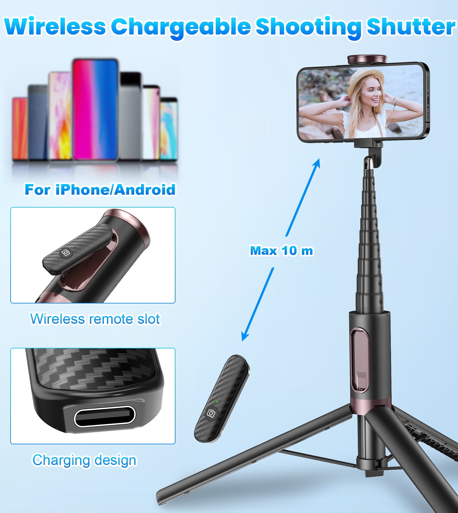 TONEOF 67" Phone Selfie Stick Tripod Stand All-in-1Portable with Integrated Wireless Remote for iPhone/Android(Black)