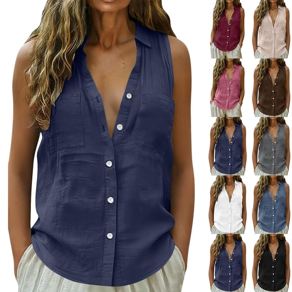 Womens Sleeveless Button Down Shirt Collar Cotton Linen Blouse Summer Casual Loose Tank Top Business Casual Outfits, 2XL