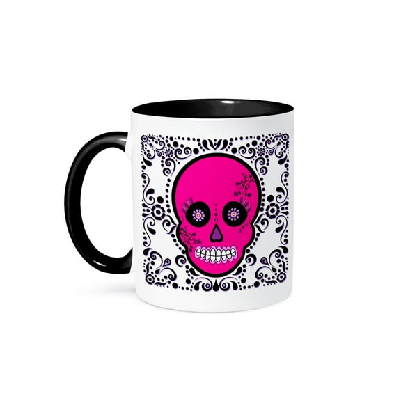 3dRose, Day of the Dead Skull DÃa de los Muertos Sugar Skull Pink White Black Scroll Design, 11oz Two-Tone Black Mug