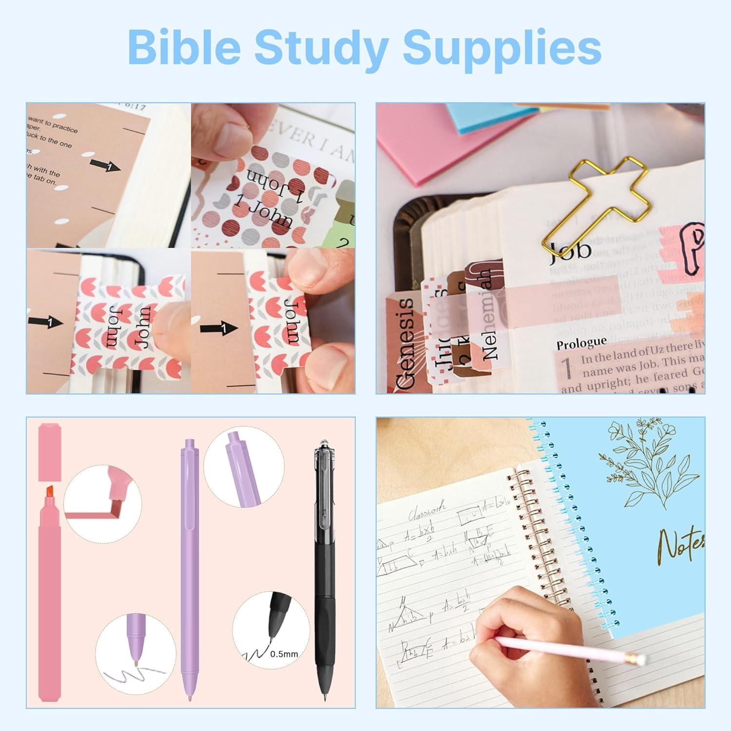 Bible Cover Case for Women, Large Bible Bag with Shoulder Strap and Handle, Bible Study Supplies Journaling Kit, Bible Highlighters and Pens No Bleed Tabs Notebook Cross Clips (Light Blue)