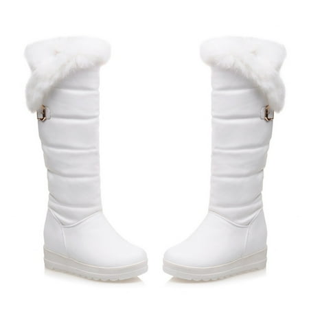 

Juebong Christmas Deals Women s Boots Metal Buckle Thick Fleece Non-slip Thick Sole Mid Heel Solid Color Winter Warm Knee Snow Boots 6 White