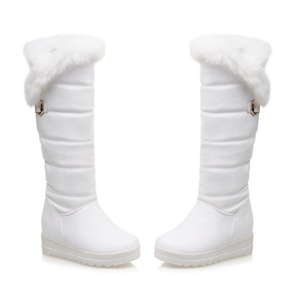 BONIXOOM Winter Boots For Women Mid Heel Rubber Slip-On Over-the-Knee Winter White