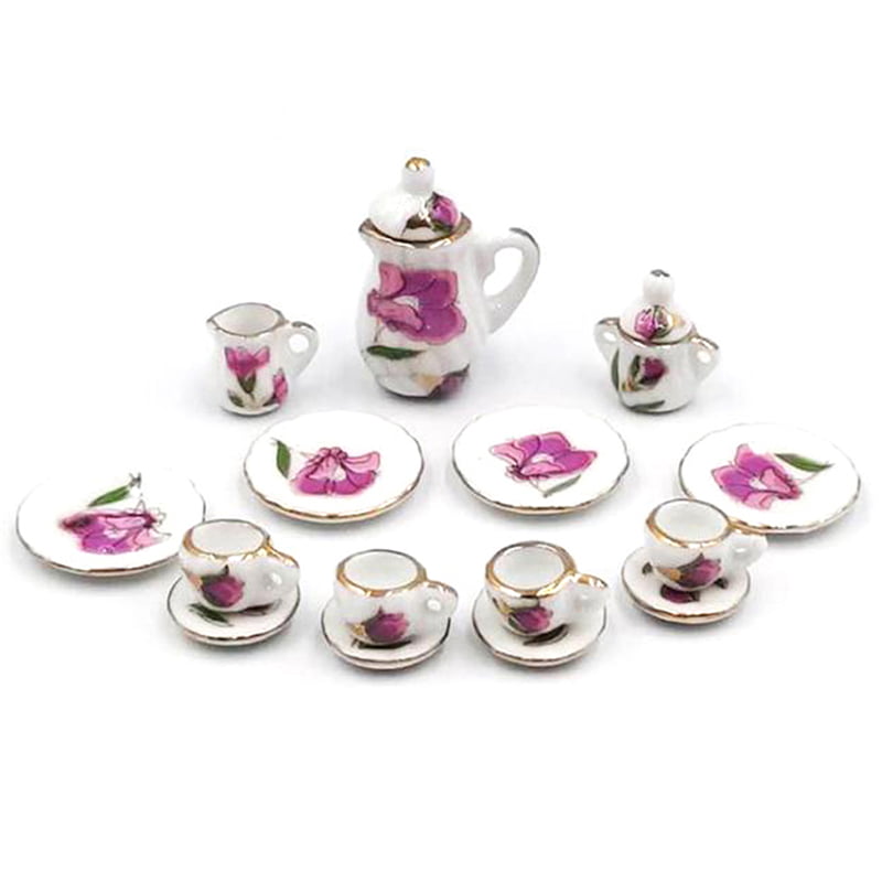 15Pcs Ceramic Tea Cup Set 1:12 Miniature Colorful Flower Porcelain Tableware Toy 