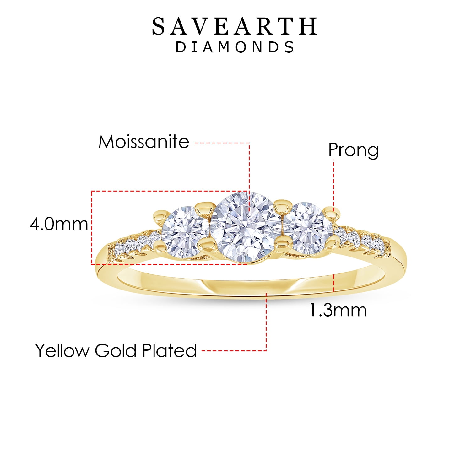18K Yellow Gold Plated Moissanite Diamond Round 3-Stone Ring | Engagement Style Ring for Women | Promise Ring for Her (0.45 Ctw) Ring Size-6