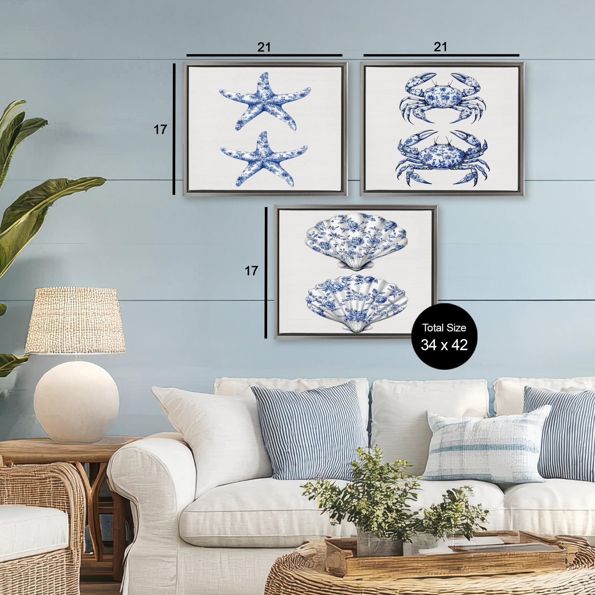 Vintage Toile Starfish & Crabs 3 Piece Gray Framed Floater Canvas Set, design by Lettered and Lined