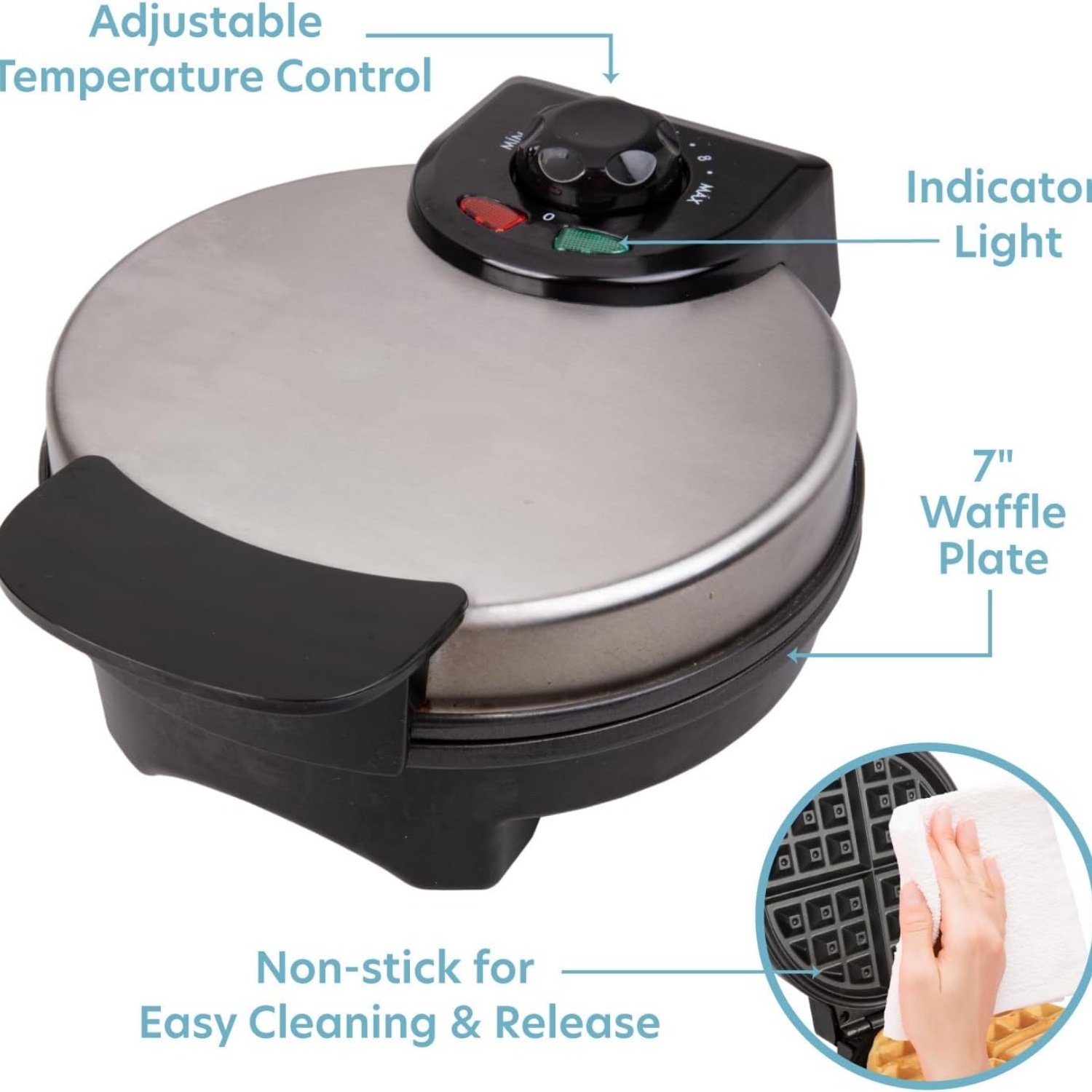 Waffle Maker- Makes 7 Inch Thin, Style Waffles for Holiday Breakfast- Waffler Iron w Adjustable Temperature Control, Easy to Use Kitchen Essential