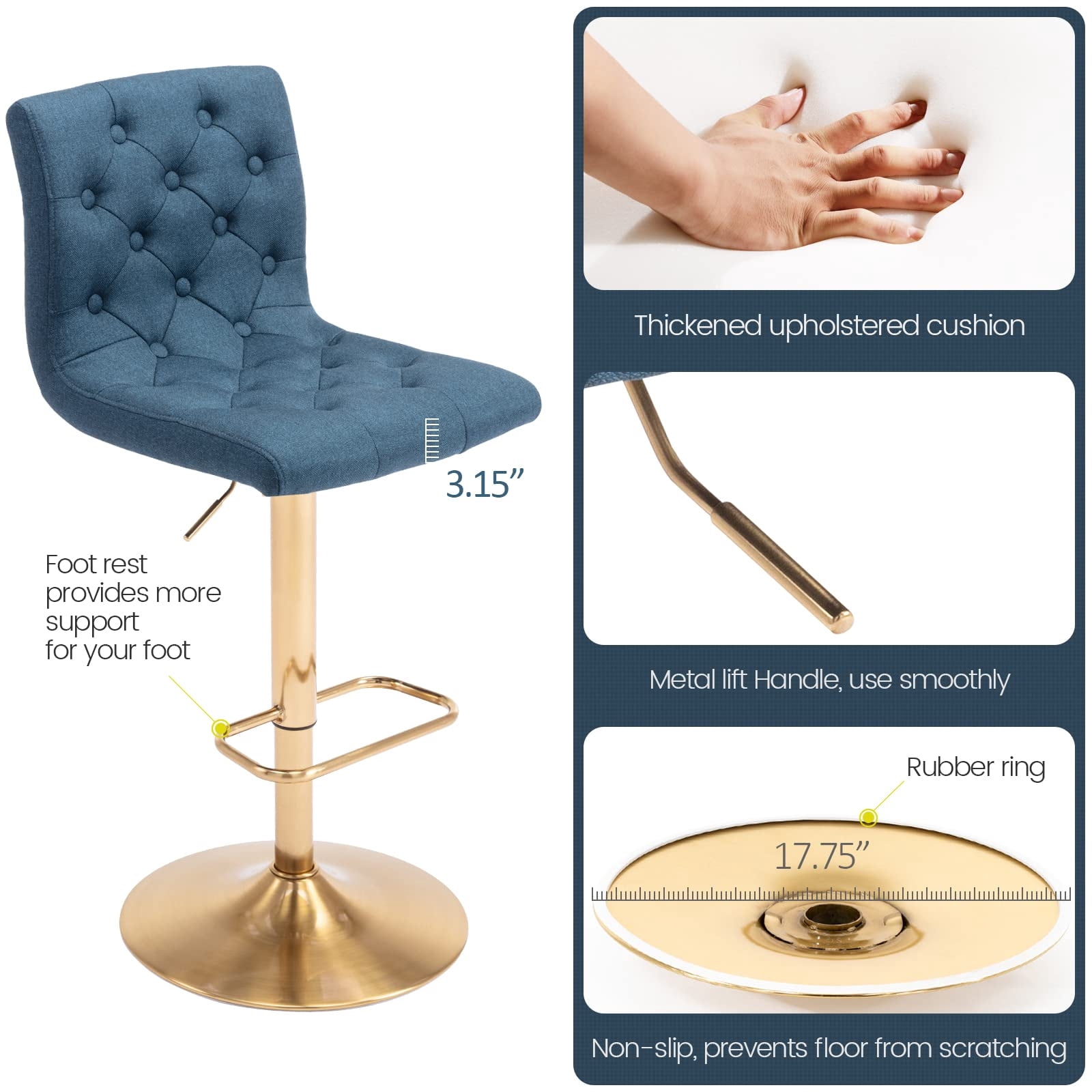 Modern Upholstered Bar Stool with Back Set of 2, Armless 360° Swivel Adjustable Height Linen Padded Bar Chair for Kitchen Island, Dining Room, or Café (Blue)