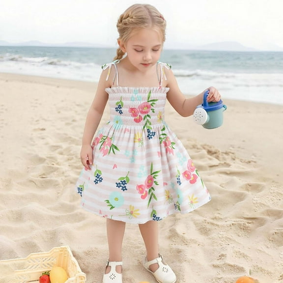 RTKFRFLM Toddler Girls Casual Dresses Summer Baby Floral Print Strappy Dress Lightweight Dress With Adjustable Ties For Beach Casual Outfits Girl Beach Sundress Dresses,Size 4-5 Years