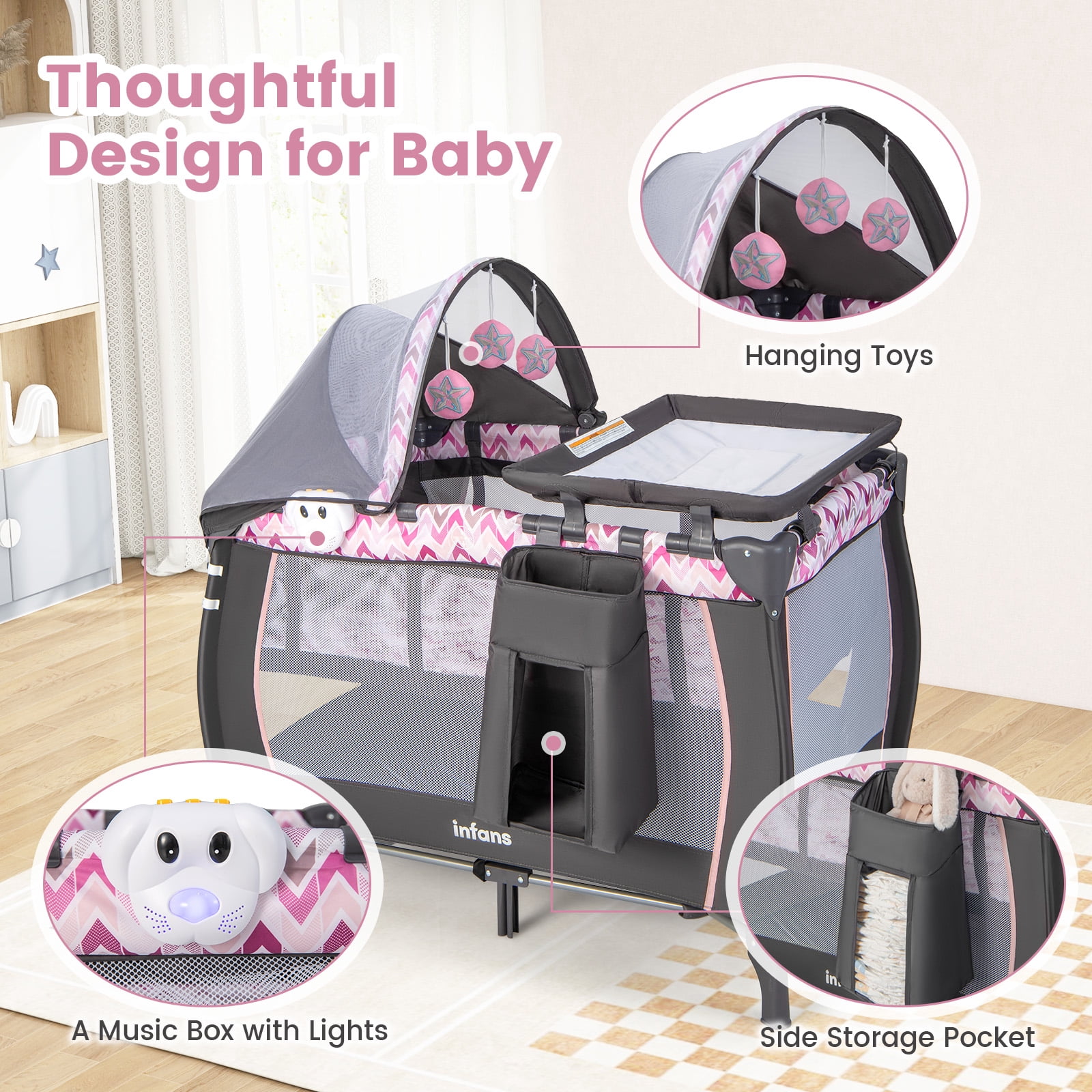 OLAKIDS 4 in 1 Pack and Play, Portable Travel Baby Playard with Bassinet, Changing Table, Canopy, Mosquito Net, Hanging Toys, Music Box, Storage Bag, Large Playpen from Newborn to Toddlers