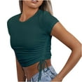 thumbnail image 1 of Crop Tops for Women Trendy Round Neck Drawstring Short Sleeve Shirts Casual Slim Fit Girls Summer Tunic Blouses Green, 1 of 6
