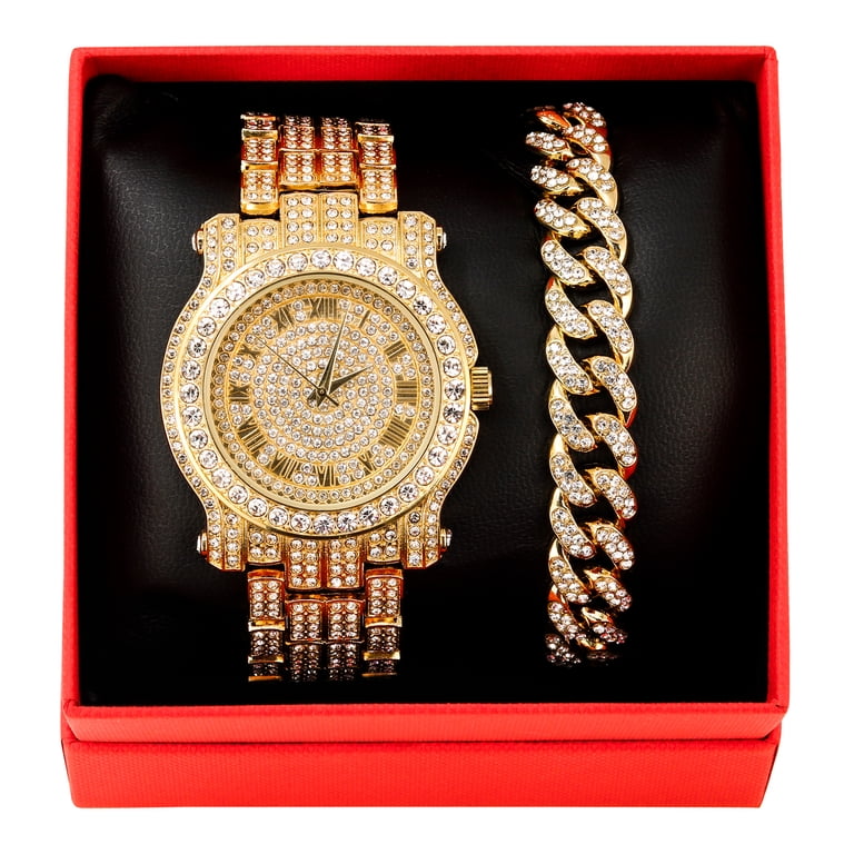 ? GOLD DIAMOND WATCH & BRACELET Amazon.com: Halukakah Gold Watch Iced Out,Men main image 2