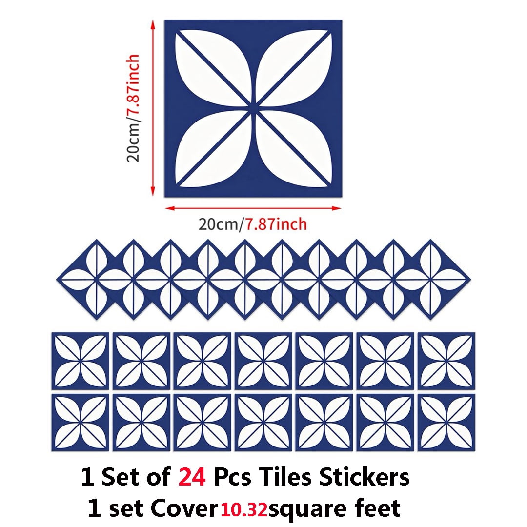 24Sheets Self Adhesive Wall Tile Sticker 7.9" x 7.9" Peel and Stick Waterproof Backsplash Flowers Decals for Kitchen Bathroom Decoration Blue White