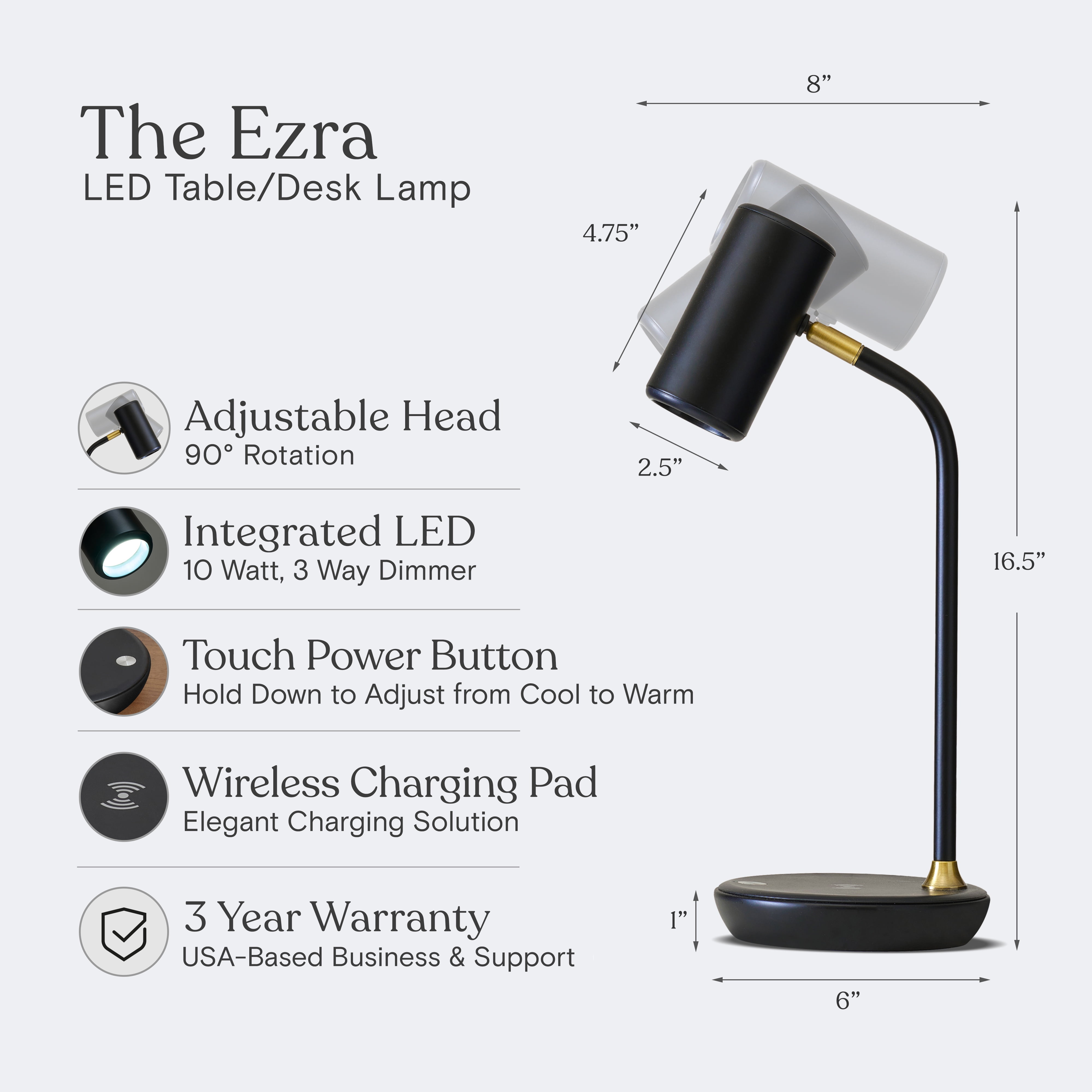Brightech Ezra 16.5" Classic Black Dimmable LED Industrial Desk Lamp with Wireless Charging Pad and Adjustable Lamp Head