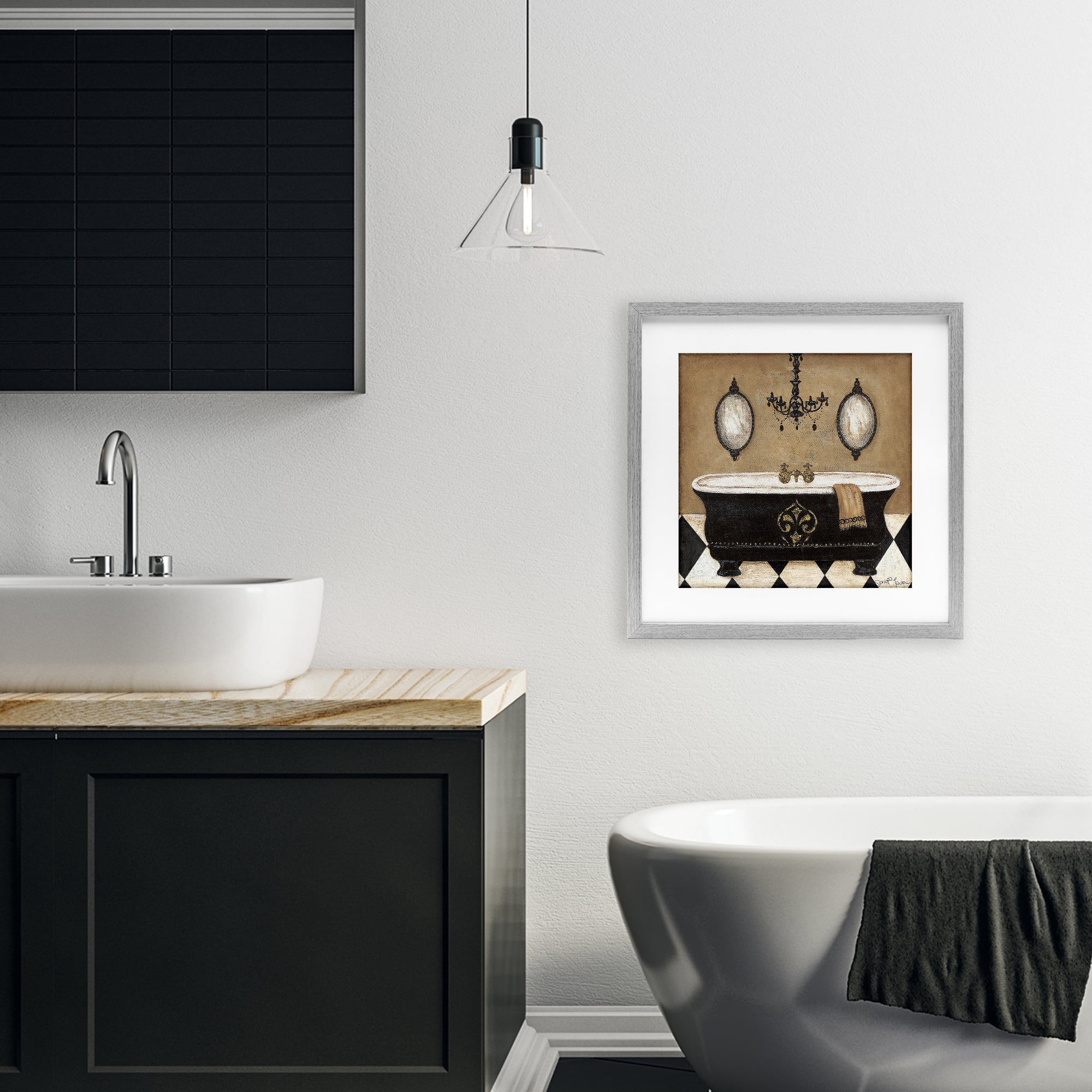 Stupell Industries Elegant Bathtub & Chandelier Gray Framed Print Under Glass, design by Janet Tava