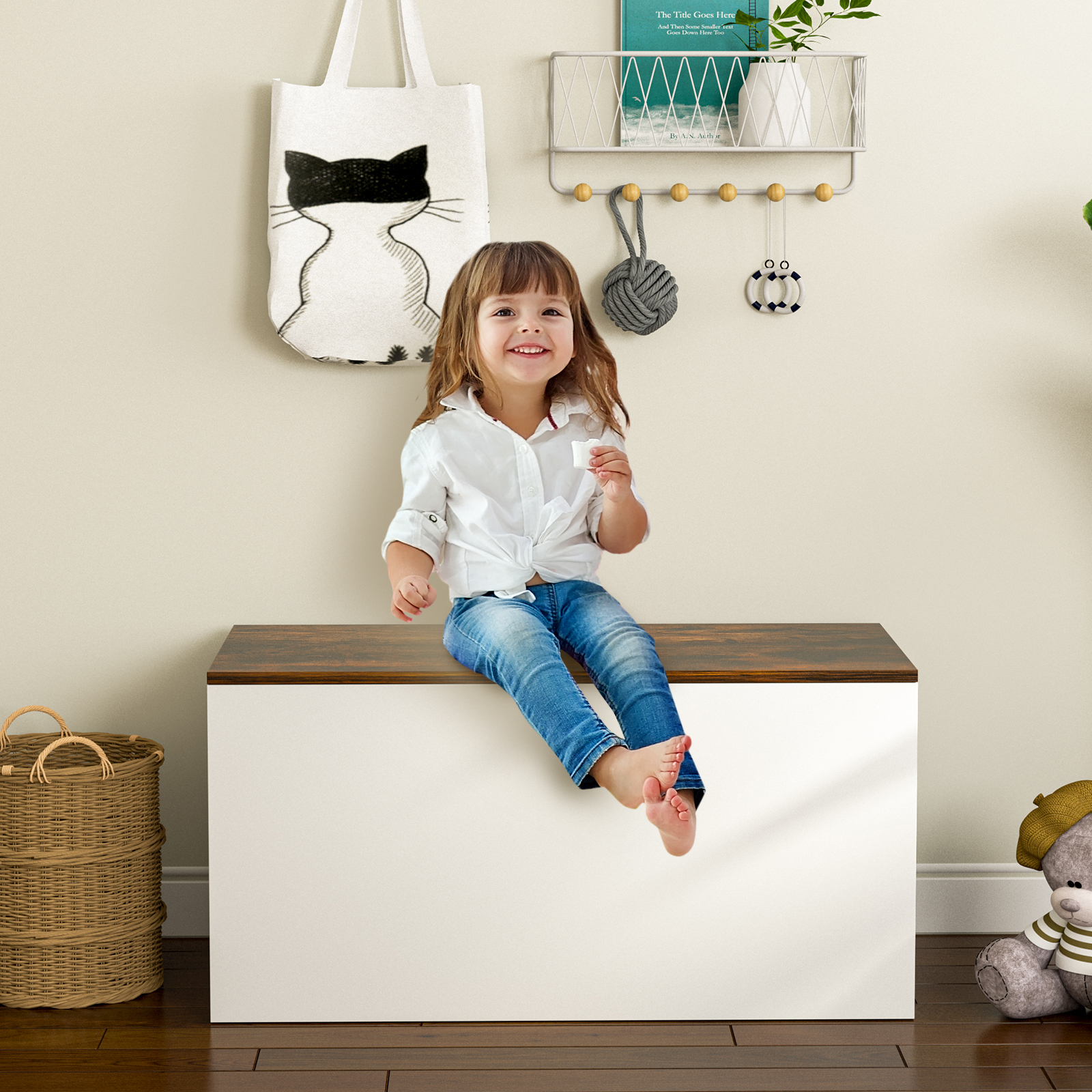 Infans Flip-top Storage Chest Bench Large Wooden Kids Toy Box w/ Pneumatic Rod