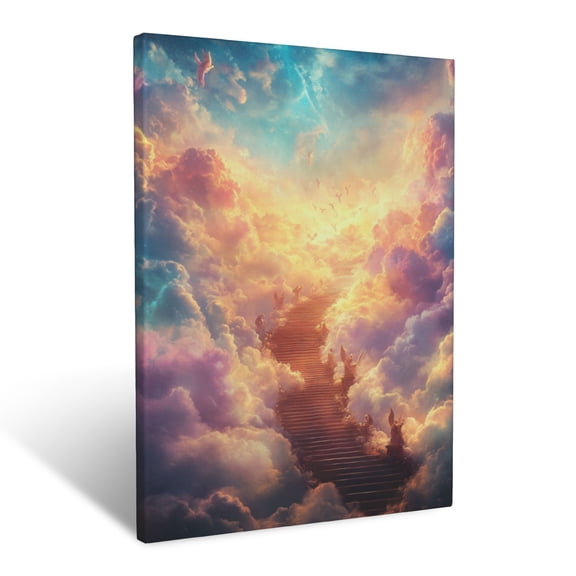 CozyNet Stairway To Heaven Surrounded By Glowing Clouds, Angels Ascending In The Distance Wall Art Prints With Frame Canvas Perfect for Living Room & Bedroom, Ready to Hang, Wall Decor 16"x20"