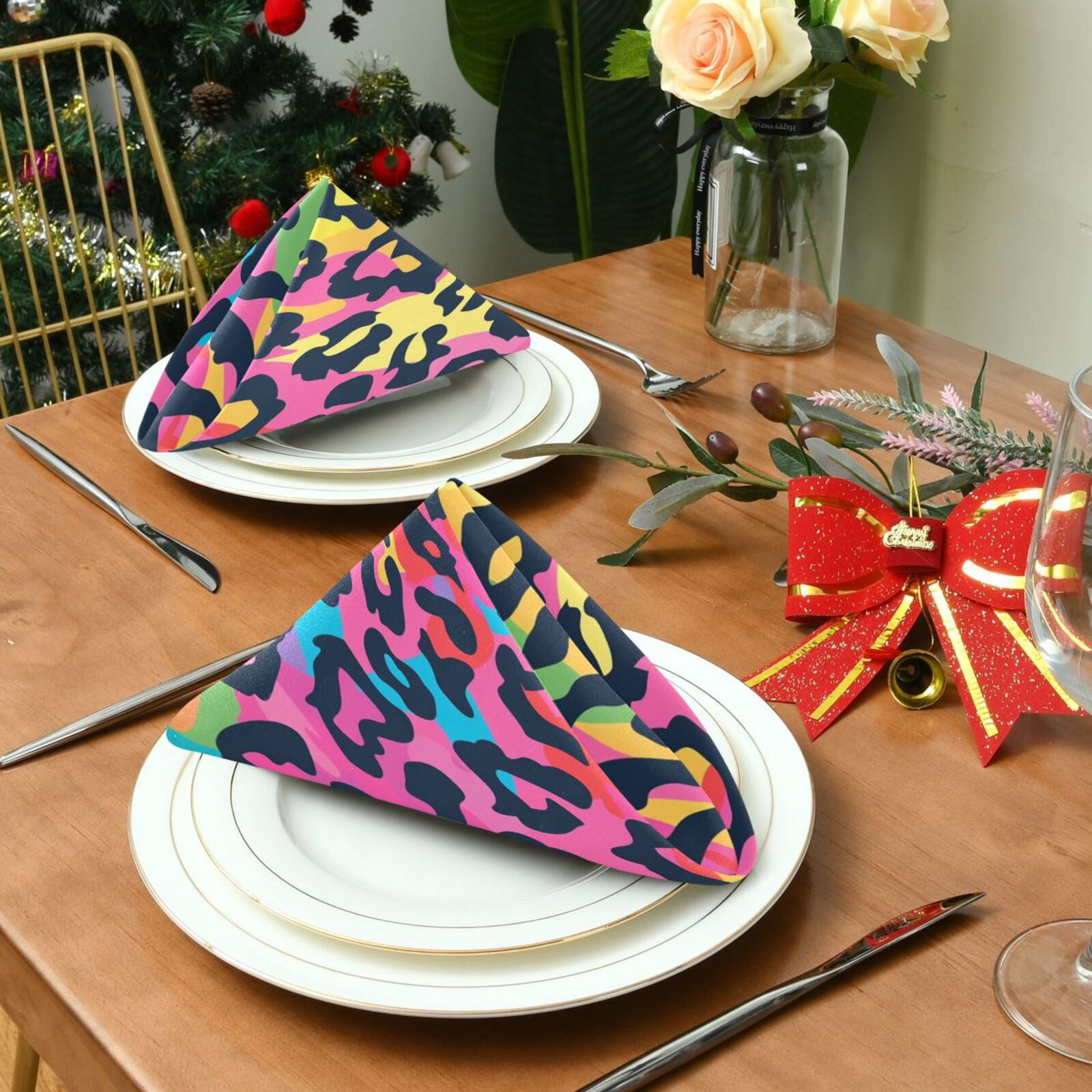 JSTEL Rainbow Leopard Cheetah Print Cloth Napkins Set of 6, 20x20 Inch Washable and Reusable Napkin for Decoupage Dinner Party Everyday Use