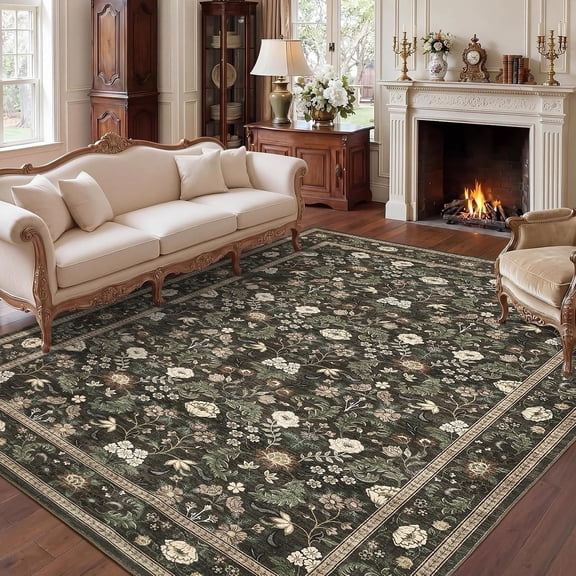 Large 10x13 Area Rugs Living Room Rug, Washable Vintage Floral Rug Anti-Slip Low Pile Soft Indoor Carpet Pastoral Foldable Non-Shedding Floral Carpet for Bedroom Dining Room Nursery Brown