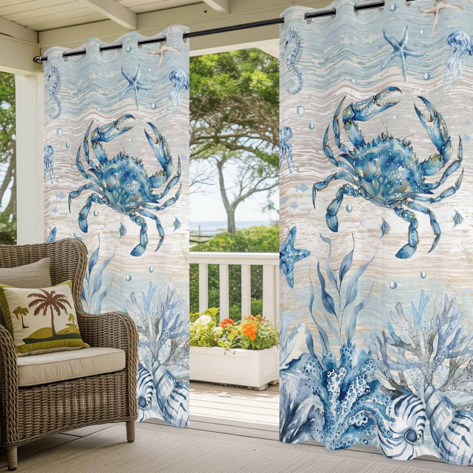 Marine Life Outdoor Curtains for Patio, Ocean Crab Coral Starfish Seashell Jellyfish Coastal Sunshade Privacy Drapes Grommet Waterproof Outside Curtains for Porch/Cabana/Balcony 54"x 108", 1 Panel