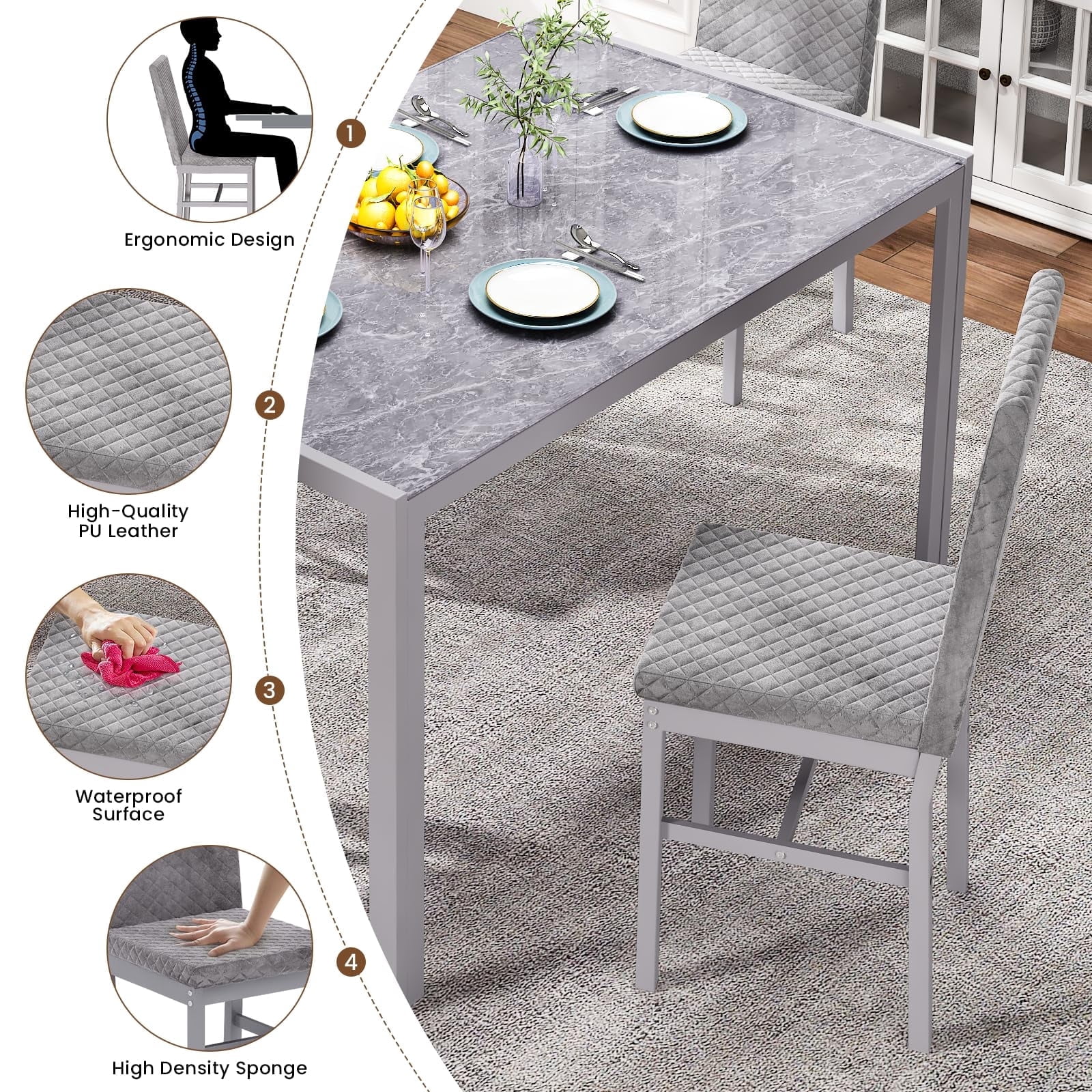 Baxluxe Dining Set for 4, Modern 5-Piece Dining Table Set, Metal Glass Dining Table and 4 PU Leather Upholstered Chairs for Apartments, Dining Rooms, Small Spaces, Gray