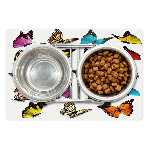 Animal Pet Mat for Food and Water, Colorful Butterflies Flying Composition Summertime Seasonal Animals Print, Non-Slip Rubber Mat for Dogs and Cats, 18" X 12", by Ambesonne