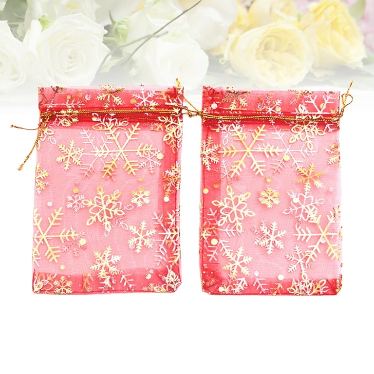 Ounona 50 Pcs Small Organza Sheer Favor Gift Bags Mini Golden Snowflake Pattern Jewelry Pouches Wrap Organza Drawstring Bags for Wedding Party