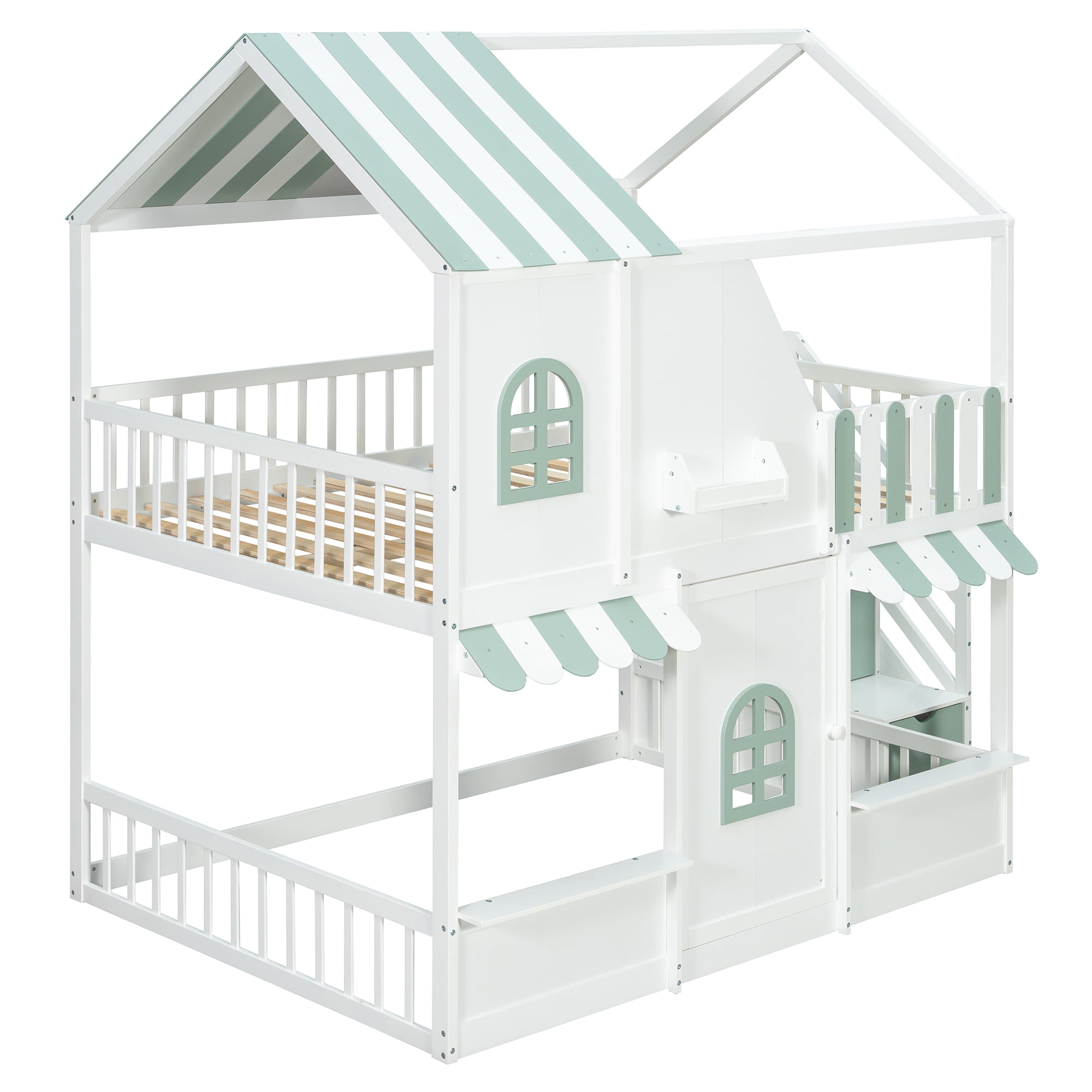 Leumius Full Over Full House Bunk Bed with Storage Staircase & Shelves, Wooden Kids Bunk Bed Frame with Playhouse Design, Roof & Door, Storage Steps and Open Shelving for Boys Girls White+Green