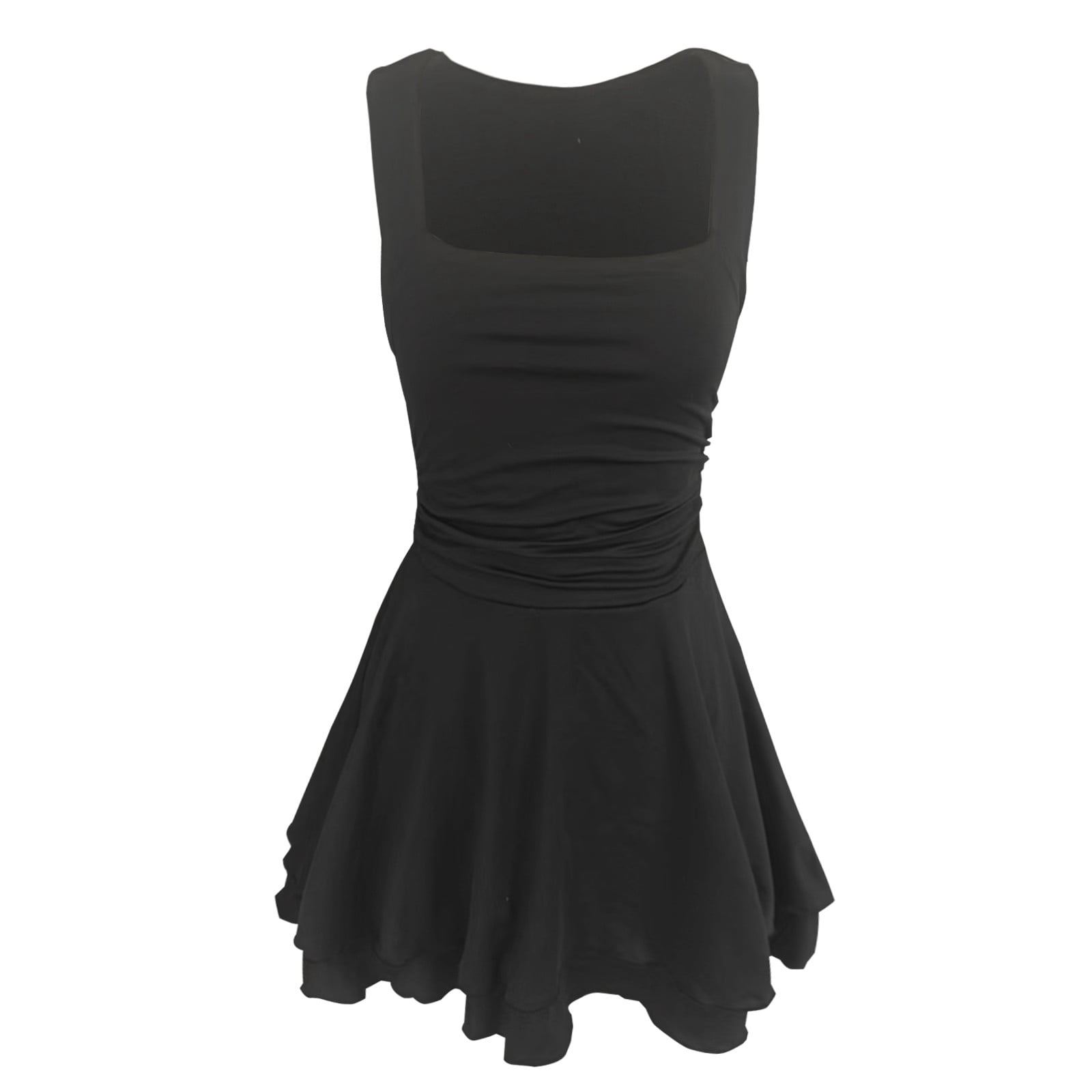 Wuxian Women Tennis Dress Sleeveless Wide Strap Popular Square Neck High Waist Ruched A-Line Ruffle Tiered Flowy Athletic Sport Workout Yoga Mini Dresses,Black,S
