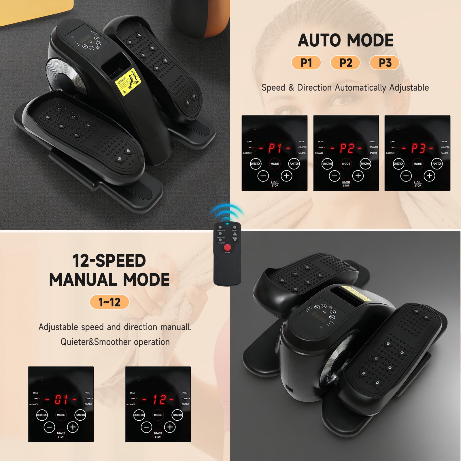 RICAN Under Desk Elliptical Machine, 12 Adjustable Speeds Mini ellipse Leg Exerciser with Remote Control, Forward & Backward Motion, Manual & Electric Dual Modes for Home Office