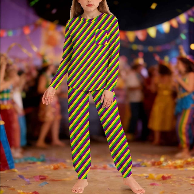 Conjuntos de blusa y camisa de manga larga con cuello redondo para niños y niñas de 5 a 14 años con estampado y bolsillo. Conjunto de top y pantalón de manga larga.