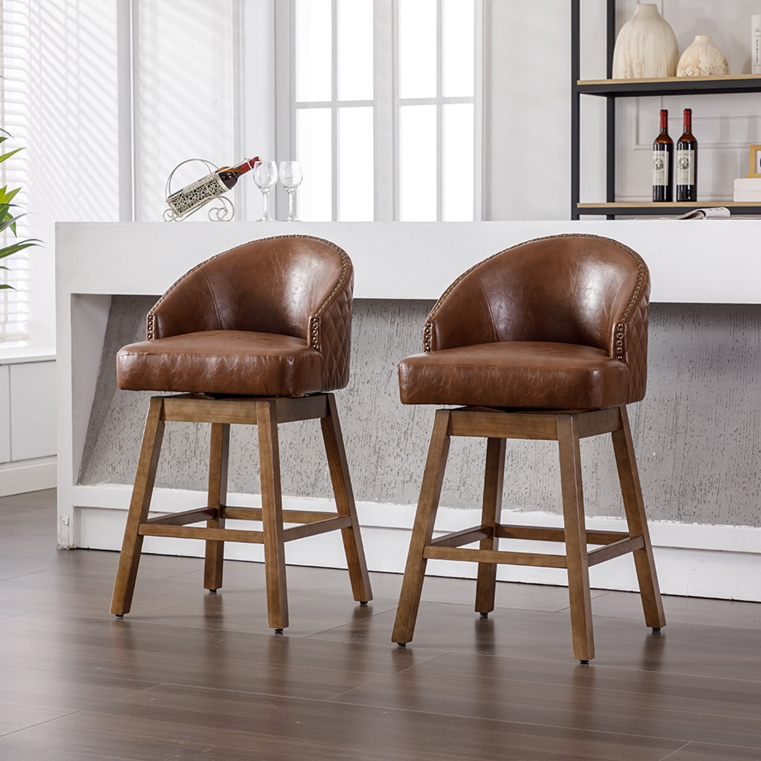 Demi Bonn 39" Counter Height Bar Stools Set of 2, PU Leather Upholstered Swivel Barstools with Backrest, Kitchen Island Countertop Chairs for Dining Room, Brown