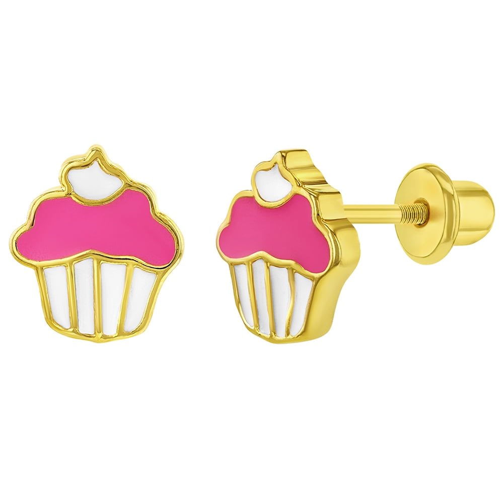 In Season Jewelry 18k Gold Plated Pink Enamel Cupcake Earrings Screw Back for Girls