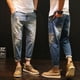 thumbnail image 2 of Pantalones vaqueros retro para hombre, estilo Kpop, de color azul claro y con agujeros, para hombre, rotos, ajustados y cónicos, de diseñador, tallas XS, 2 of 5