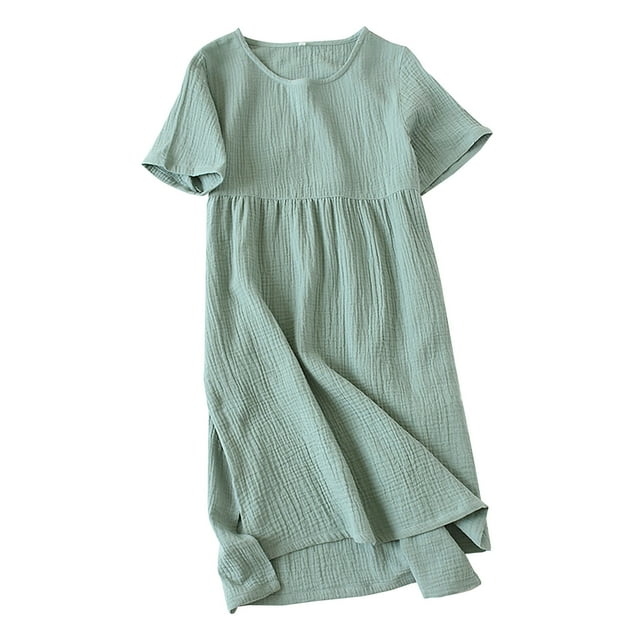Camisas de Vestido de Mujer Color Sólido Casual Casa Crepe Doble Capa de Algodón Vestido de Longitud Media, Cuello Redondo Manga Corta para el Uso Diario Cómodo